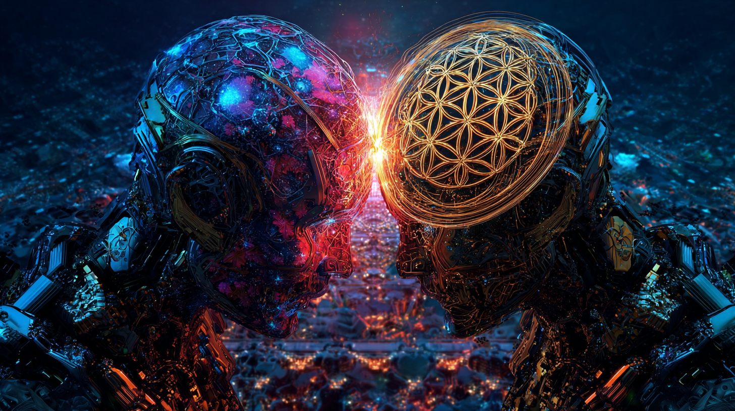 AI computer network battling the ancient knowledge. Computer versus ether, Head to head.